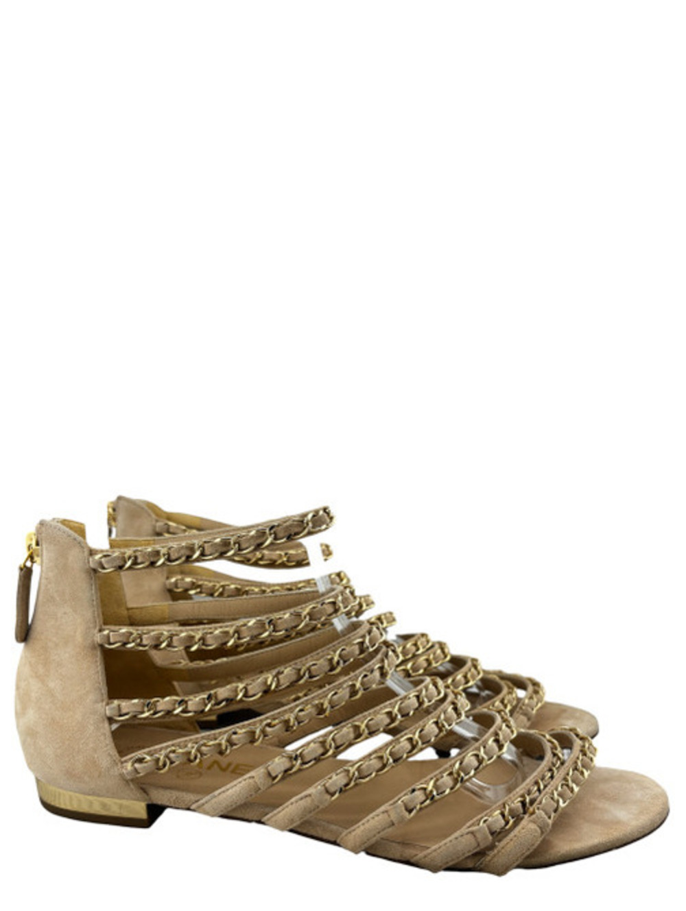 Chanel 18P Beige Suede Chain Gladiator Sandals 38.5